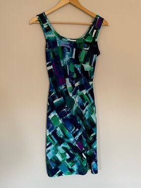Calvin Klein Brushstroke Watercolor Print Midi Dress in Teal, Navy & Green Sz 2